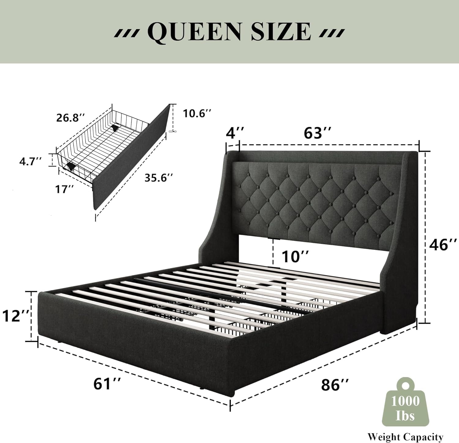 Feonase Queen Bed Frame with 4 Storage Drawers, Upholstered Storage Bed with Charging Station, Tufted Wingback Headboard, No Box Spring Needed, Dark Grey