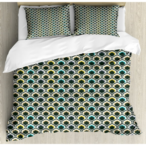 Geometric Duvet Cover Set, Overlapping Hexagonal Shapes with Retro Colored Chevron Elements Tile, Decorative 3 Piece Bedding Set with 2 Pillow Shams, Calking Size, Black Sky Blue Yellow, by Ambesonne