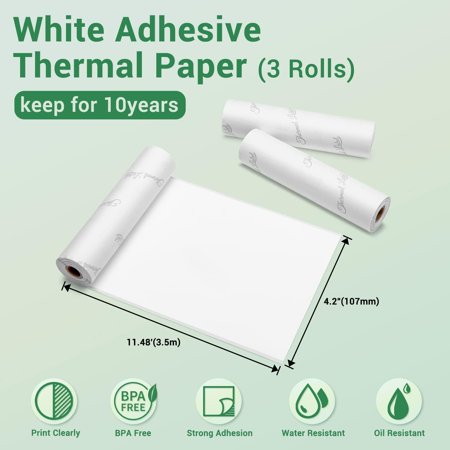 YUYAN-Phomemo White Self-Adhesive Thermal Paper 4.3 Sticker Paper for Phomemo M04S/M04AS/M832/M834/M835 Bluetooth Thermal Printer Labels Black on White 107mm x 3.5m 3 Rolls
