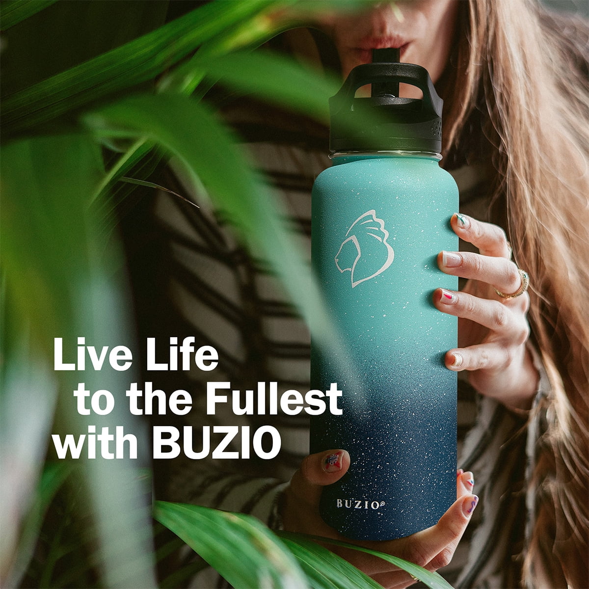 Buzio 40 oz Insulated Water Bottle with Straw & 3 Lids, Half Gallon Water Bottle Stainless Steel with Carrying Strap for Gym Sports Outdoor Hiking, Starry Pacific
