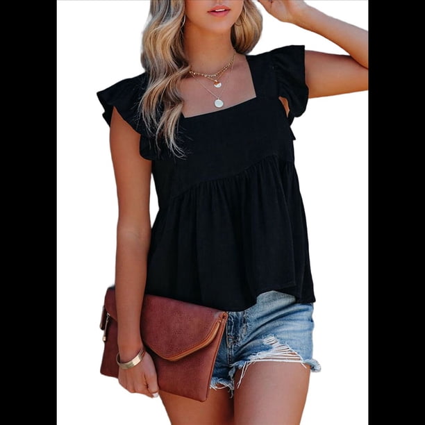 Blusa Informal de Mujer con Cuello Cuadrado, Volantes y Mangas , Estilo Babydoll, Color Negro, Talla XL