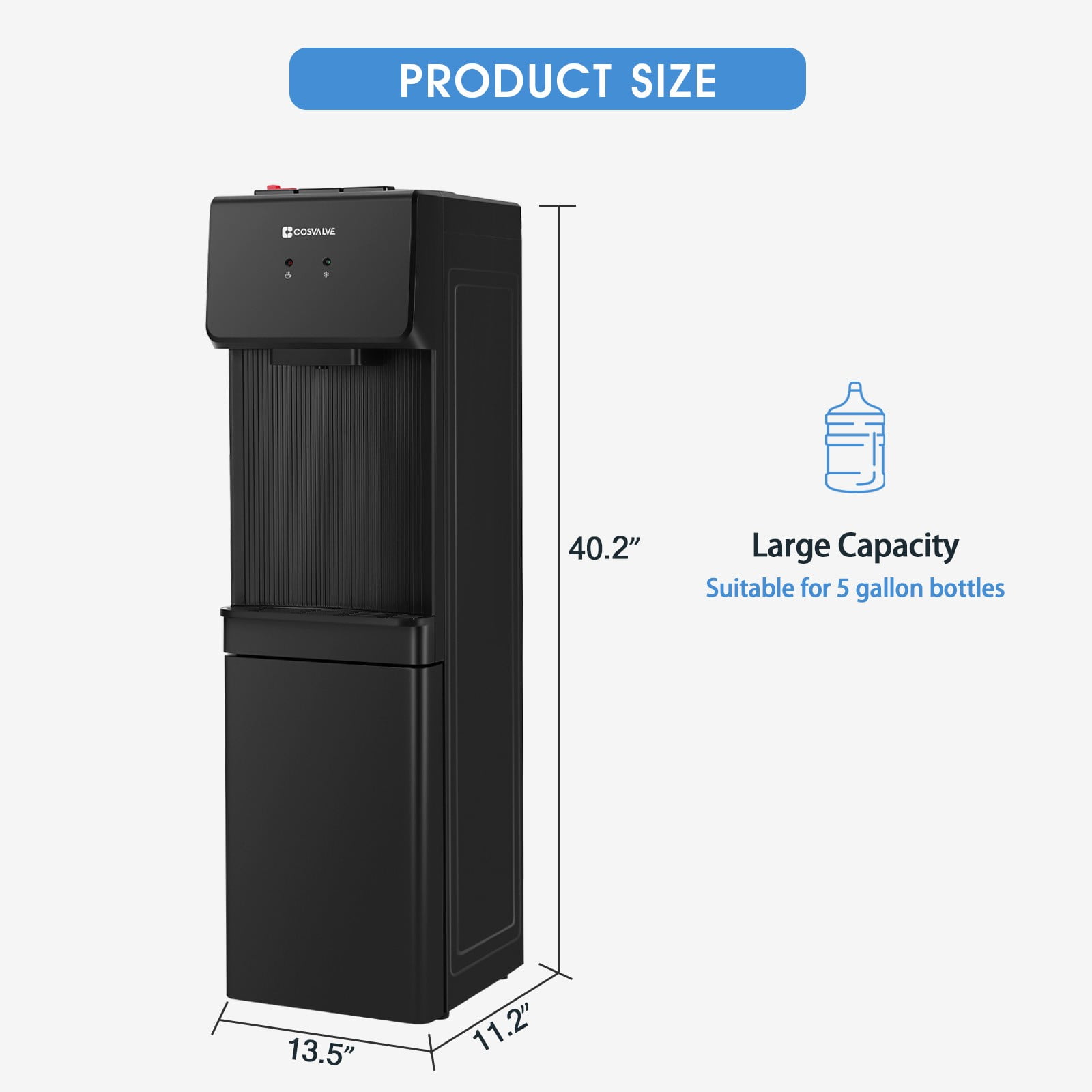 Top Loading 5 Gallon Hot/Cold Water Cooler Dispenser Compressor Refrigeration with Freezer Cabinet,Child Safety Lock(Black)