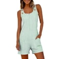 thumbnail image 1 of SZJXBUY Womans Rompers Dressy Casual Sleeveless Button Shoulder Striped Rompers Summer Loose Cuffed Hem Pocketed Short Jumpsuit Green,XL, 1 of 6