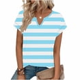 thumbnail image 5 of Olyvenn Women's Striped Shirt Summer Fashion Cap Short Sleeve Color Block Tops Notched V Neck Summer Tee Shirts Light Blue XL, 5 of 6