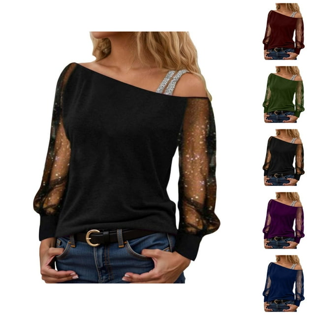 Womens Sparkle Top 2026 Spring Trendy Y2K Long Sleeve Off Shoulder Mesh T Shirts Going out Top Rave Outfits
