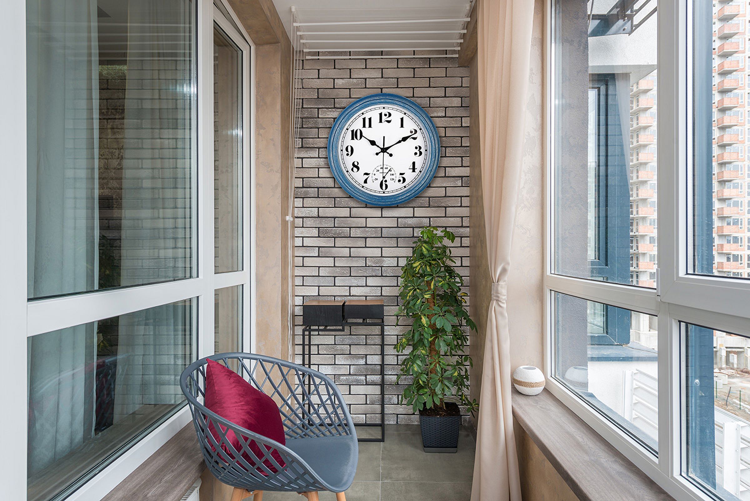 45MinST 12-Inch Retro Wall Clock with Thermometer, Blue photo 2