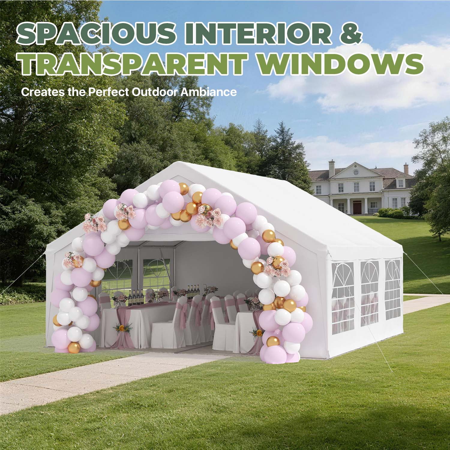 BaPiPro 20x20 FT Heavy Duty Outdoor Party Tent with Removable Sidewalls, Commercial Wedding Marquee, Carport & BBQ Shelter, UPF50+ Waterproof Protection, White