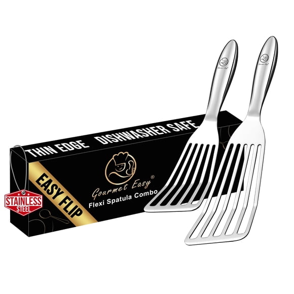 Fish Spatula Stainless Steel Combo, 1 Large Fish Turner Spatula + 1 Small Griddle Spatula, Metal Spatula for Kitchen Use, Slotted Spatulas, Frying Spatula with