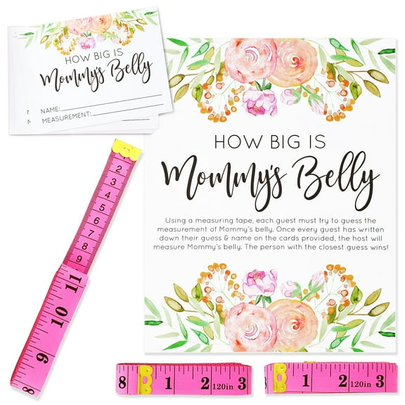 Sparkle and Bash Baby Shower Tape Measure Game - Pink 28-Piece Set - 24 Guess Cards, 3 Measuring Tapes & Sign - How Big is Mommy's Belly Activity for Baby Shower Games