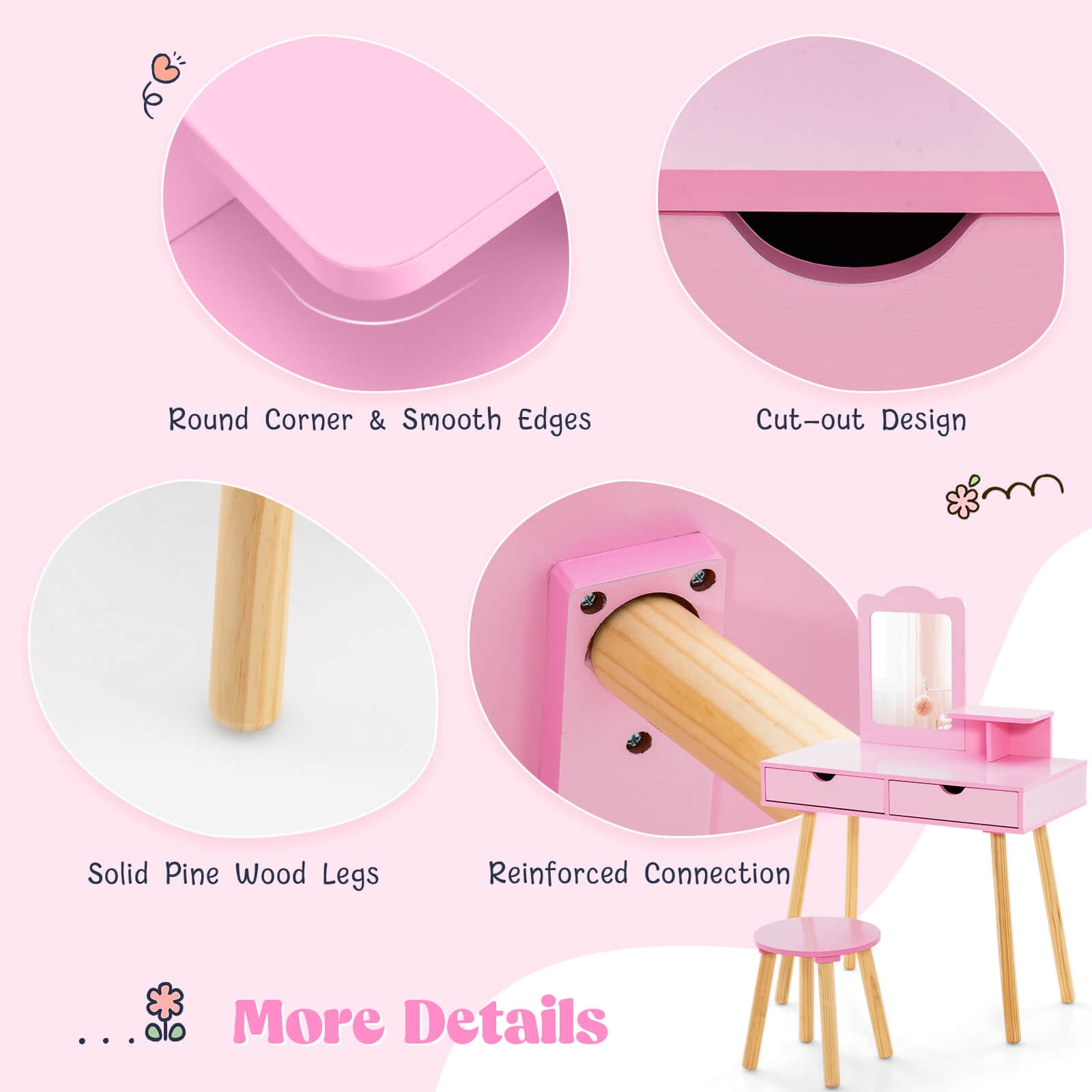 Costway Kid Vanity Table Chair Set with Mirror Large Storage Drawers Wooden Legs Pink