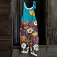 thumbnail image 2 of Women's Floral Print Jumpsuit - Vintage Strappy Cotton Linen Overalls for Summer Casual & Boho Style ,Turquoise,2XL, 2 of 5