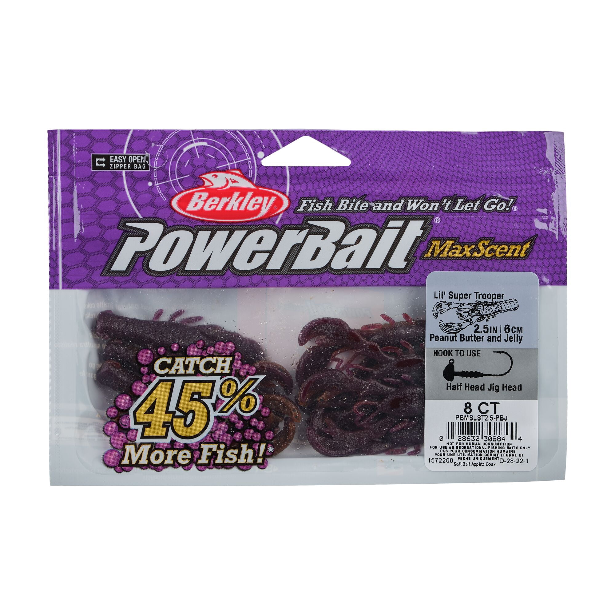 Berkley PowerBait® MaxScent Lil' Super Trooper, 2.5 in, Craws, Peanut Butter and Jelly (8 Count)