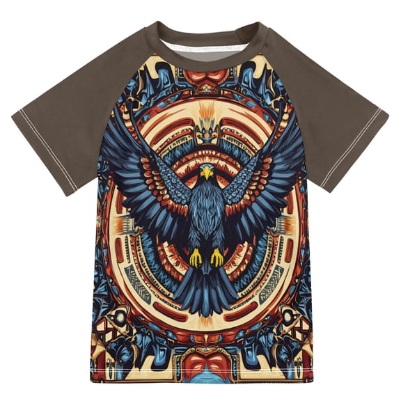 FORMRS Boys Rash Guard Short Sleeves Swim Shirt Quick Dry UPF 50 Sun Protection, Sizes 3-12T, Blue Geometric Eagle
