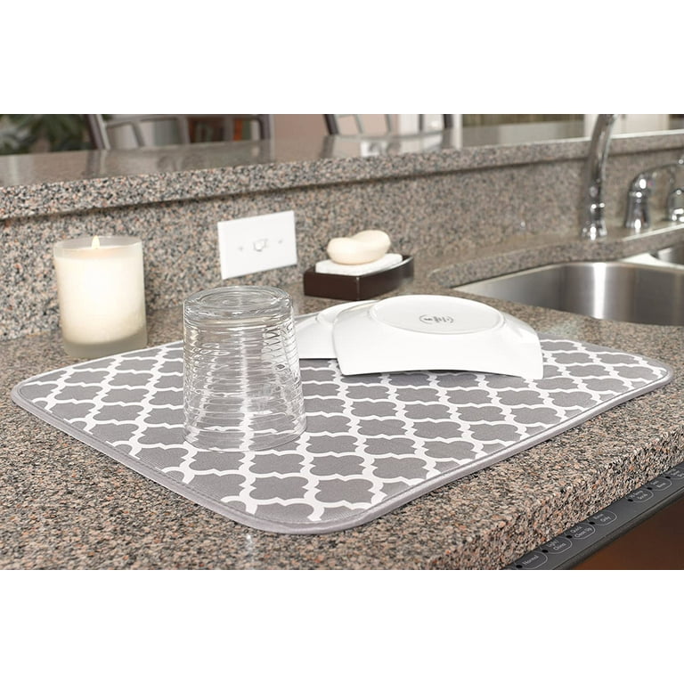 Absorbent, Reversible Microfiber Dish Drying Mat For Kitchen, 16 Inch X 18  Inch, White Trellis (497401)