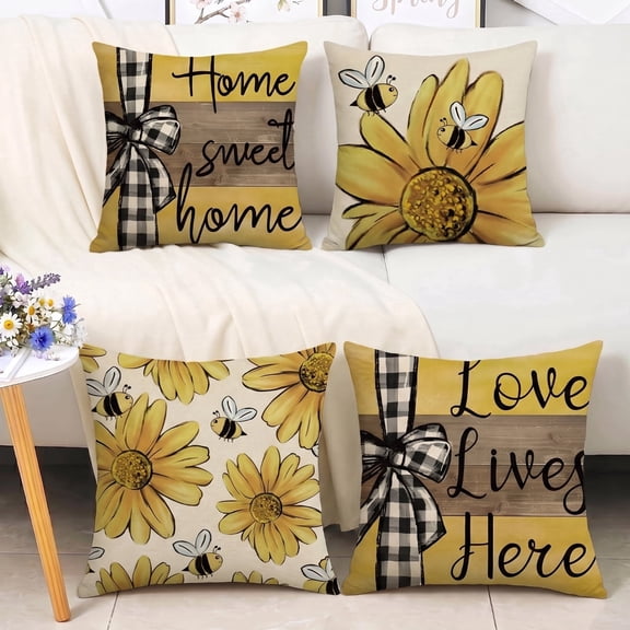 Throw Pillow Covers 18x18 Inch Set of 4, Love Lives Here Home Sweet Home Bee Sunflower Pillow Cases with Hidden Zipper, Spring Summer Linen Decorative Cushion Covers for Couch Bedroom Home Decor