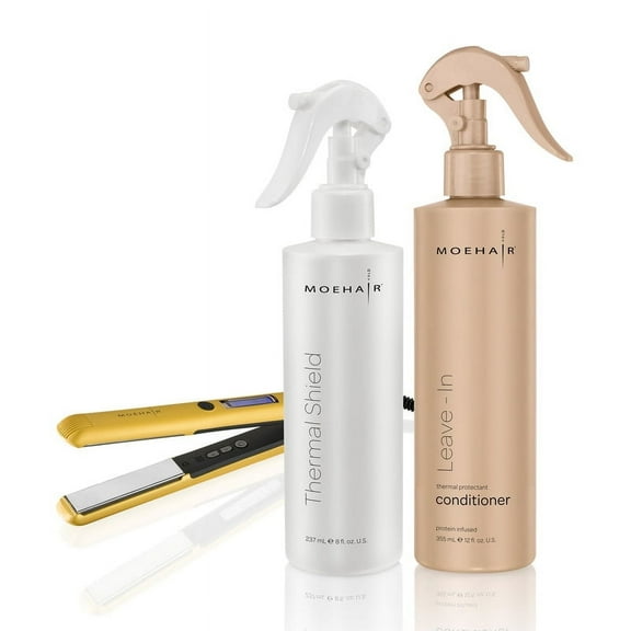 Moehair Hair Styling Trio | Moehair Hair Straightener with Thermal Shield Heat Protectant Spray (8 Fl. Oz) and Leave-In Conditioner (12 Fl. Oz) | Sulfate and Paraben-Free