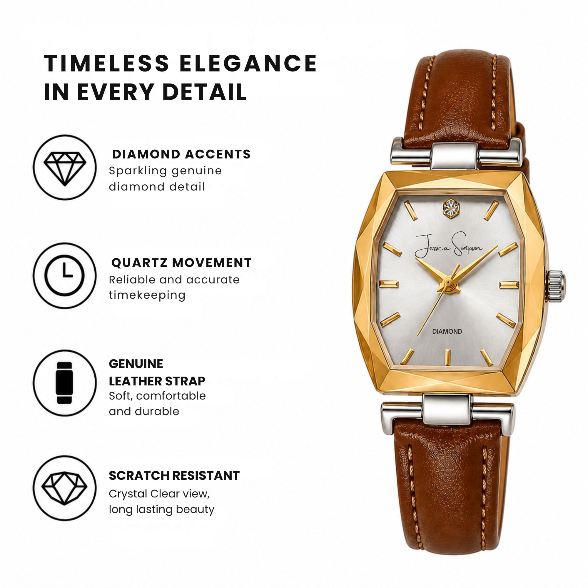 Jessica Simpson Diamond Collection Women's Dress Watch – Classic Quartz, Leather Band, Barrel Faceted Crystal Face, Elegant Timepiece