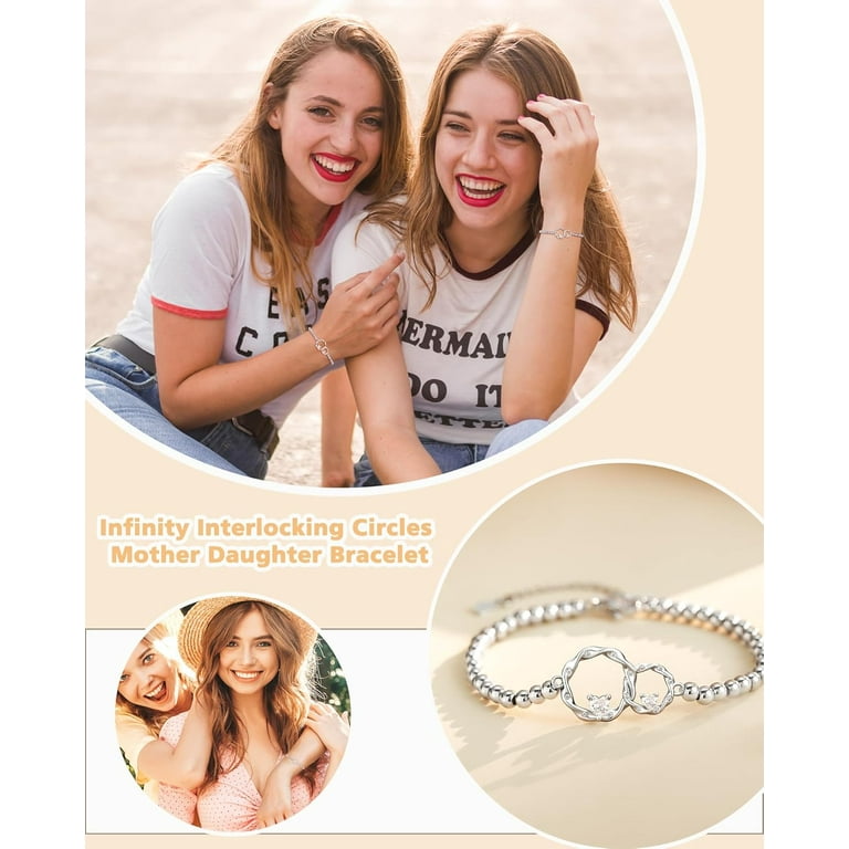 Silver Interlocking Circles Bracelet - Adjustable 6.2-8.2 Inch, Cubic Zirconia Heart, Gift For Mom Daughter Sister 7 thumbnail image