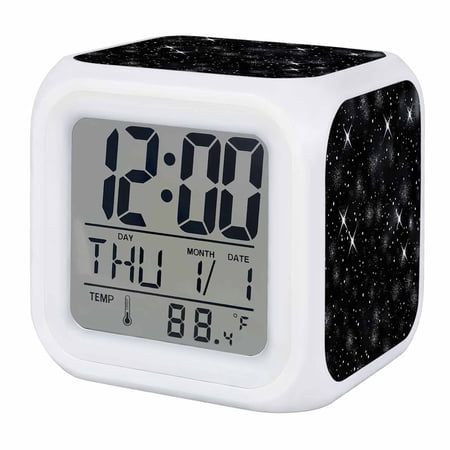Starry Sky Digital Alarm Clock for Bedrooms,Smart LED Alarm Clock with 7 Color Changing Night Light,Modern Black Abstract Dots Stars Silent Wake Up Clocks for Sleep Study Cooking 3.2x3.2
