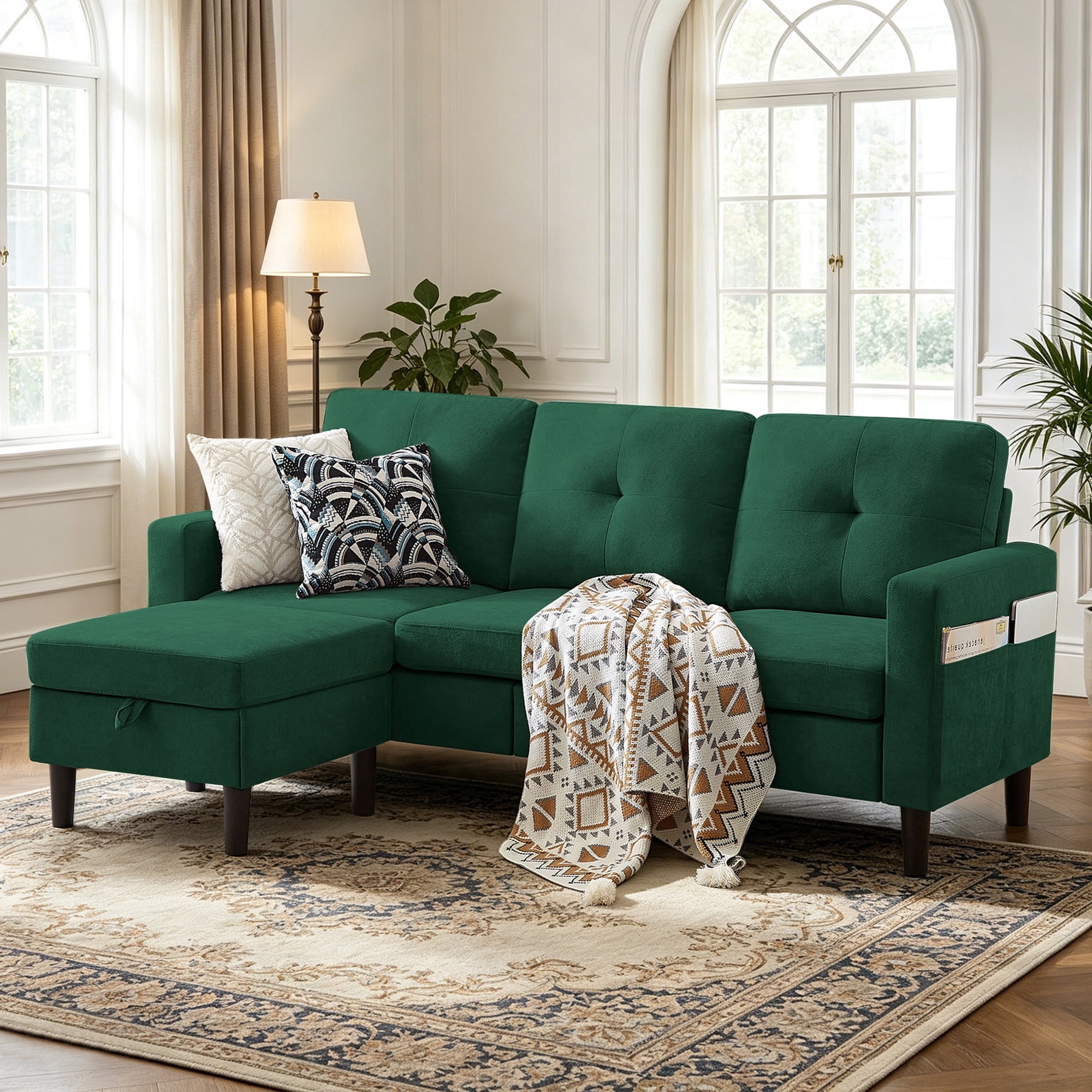Tornama Linen L Shaped Convertible Sectional Sofa with Reversible Chaise, Green