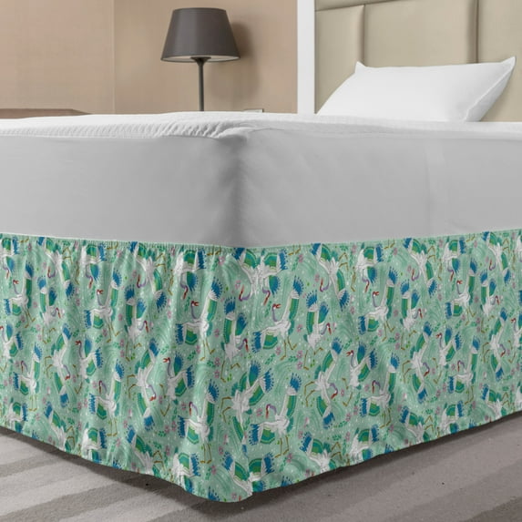 Bird Bed Skirt, Pelican Creature Exotic Nature Flowers Illustration Print in Pastel Tones, Elastic Bedskirt Dust Ruffle Wrap Around for Bedding Decor, 4 Sizes, Almond Green Multicolor, by Ambesonne