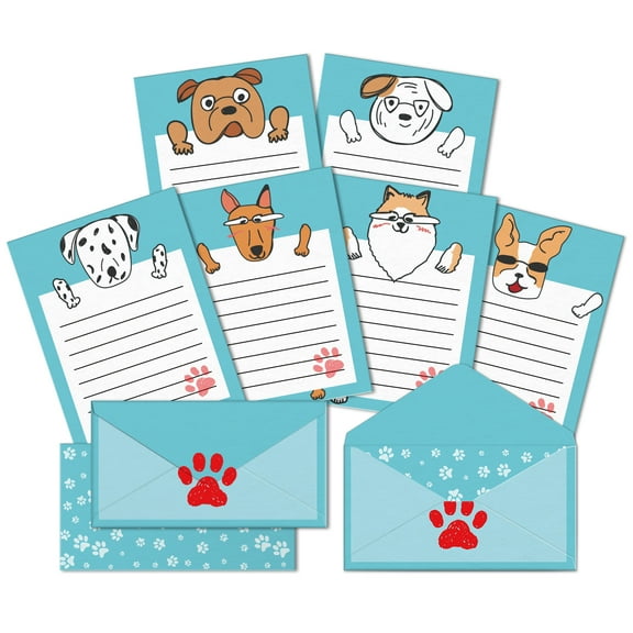 Kingwora Cartoon Dog Design Kawaii Kids Stationary,48 Sheets Cute Stationary 24 Lovely Envelopes-Blue(8.5x11)