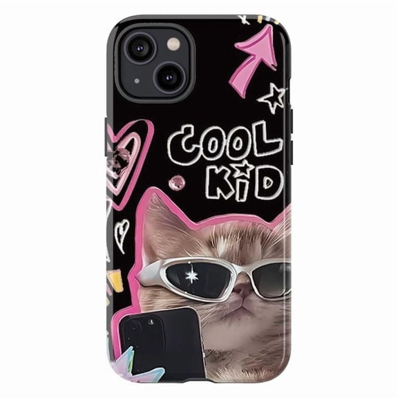 Cool Kid Cat Phone Case, Funny Aesthetic Kitty with Sunglasses Design, Black Protective Cover for iPhone 17 16 15 14 13 12 11 Pro Max Plus Mini