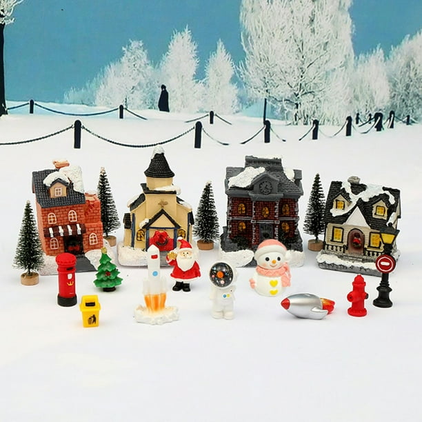 Set of 15Pcs Christmas Snow Village Light up House Miniature