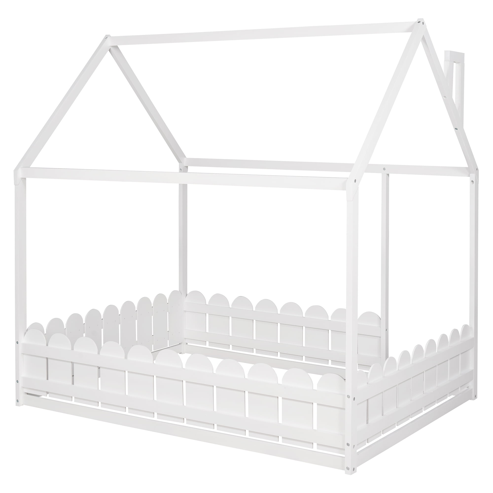 Full Size Fence Bed Frame, Cabin Bed, Floor Bed, House Bed, Kids Bed with Roof and Fence, for Kids/Teens (White )