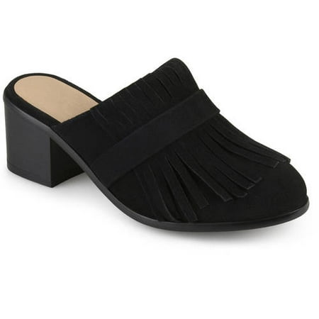 Brinley Co. Womens Stacked Heel Faux Suede Fringe Mules