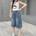 thumbnail image 4 of XXWXYD Kids Girls Jean Shorts Baggy Cuffs Elastic High Waist Denim Shorts Toddler Vintage Distressed Summer Jorts with Pockets Girls Baggy Denim Shorts Back-to-School, 4 of 6
