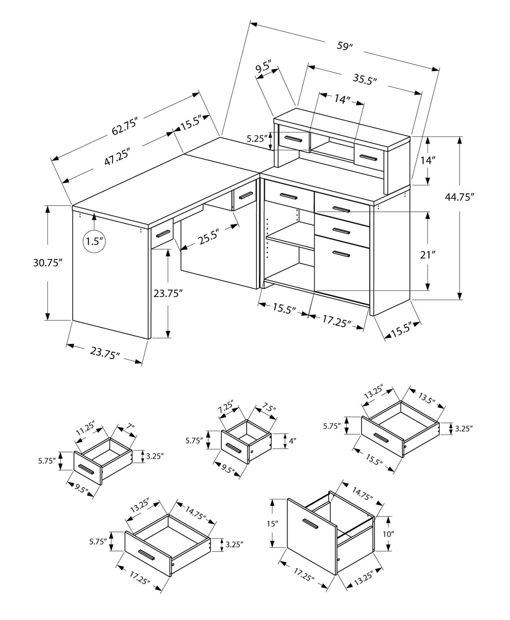 Computer Desk - L-Shaped / Corner / Hutch / 8 Drawers / 3 Cubbies / Reversible - 63"L X 59"W - Taupe Reclaimed Wood-Look