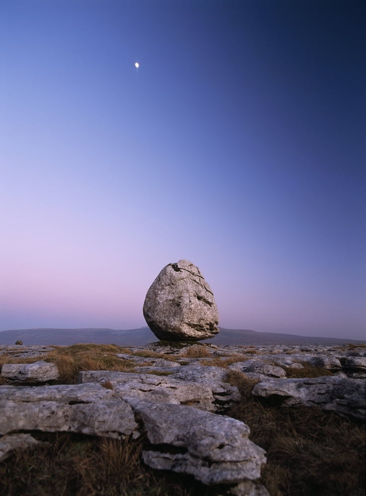 Boulder On Limestone Pavement At Dusk With Moon And Ingleborough Hill Behind Twisleton Scars Near Ingleton Yorkshire Dales National Park North Yorkshire England Canvas Art - Ian Cumming Design Pics (