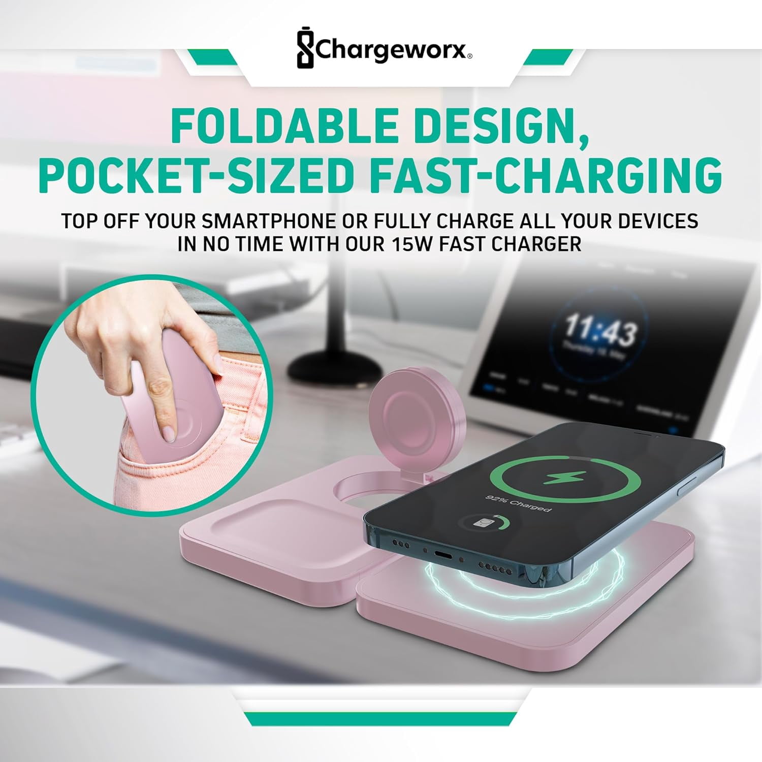 ChargeWorx 3-in-1 Wireless Charger, Foldable Magnetic Charging Station with 15-Watt Fast Charging, Compatible with iPhone, Samsung, and Other Phones, Smartwatches, and Headphones, Pink