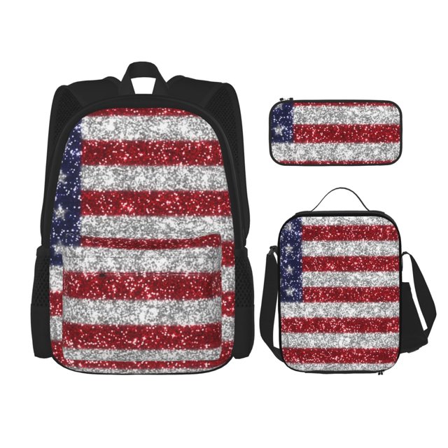 Easygdp America Flag Glitter Mochila para Niños y Niñas con Set de Caja de Almuerzo y Estuche para Lápices 3 en 1, Mochila Escolar Estampada para Adolescentes