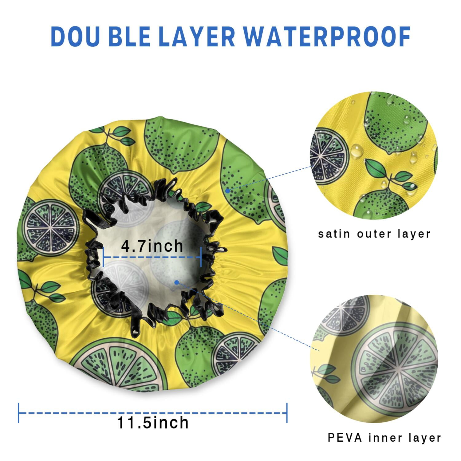 Shower Caps,Green Lime Slices Yellow Pattern Waterproof Shower Cap for Women 4 Pieces,Double Reusable Hair Cover for Shower PEVA Elastic Stretch Hem