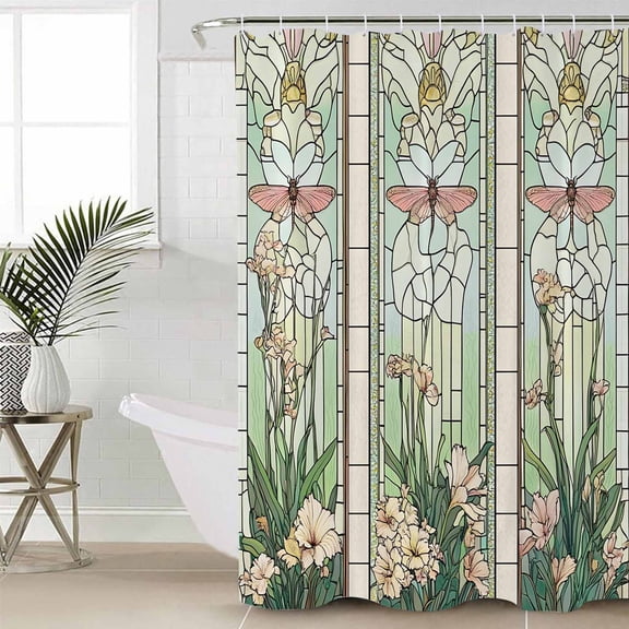 Butterfly Flowers Waterproof Fabric Shower Curtain, Vintage Stained Glass Green Spring Shower Curtain for Bathroom Curtains Bathtubs Hotel Washable Shower Curtains with 12 Hooks Standard 60x72