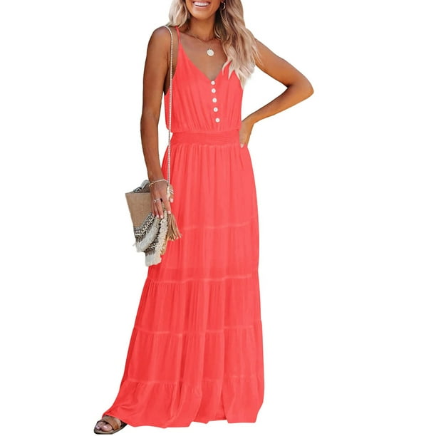 Vestido PRETTYGARDEN Maxi Naranja sin Mangas con Tirantes Espagueti Talle M