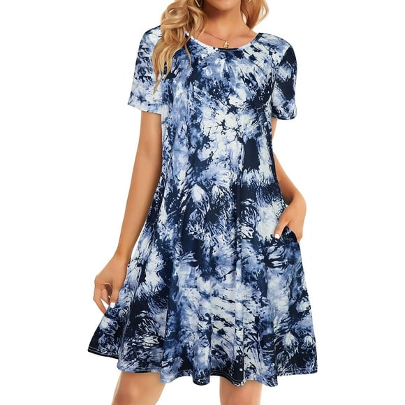 Robes d'Été pour Femmes Plage Décontractée T-Shirt Grande Taille Floral Manches Courtes Ample Fluide Robes d'Été Bleu Foncé Teinture sur Nœuds Moyen
