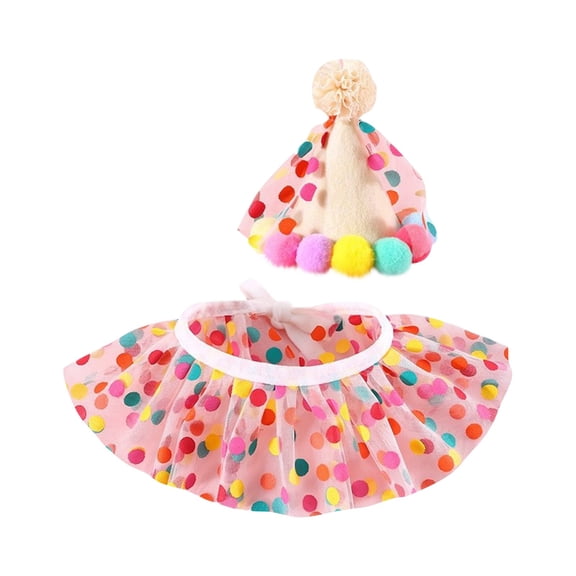 Pet Party Costume Set - Includes Hat with Pom - Pom & Polka Dot Dress with Colorful Balls, Comfortable for Small Dogs Cats - Birthday, Holiday, Cosplay, Daily Wear