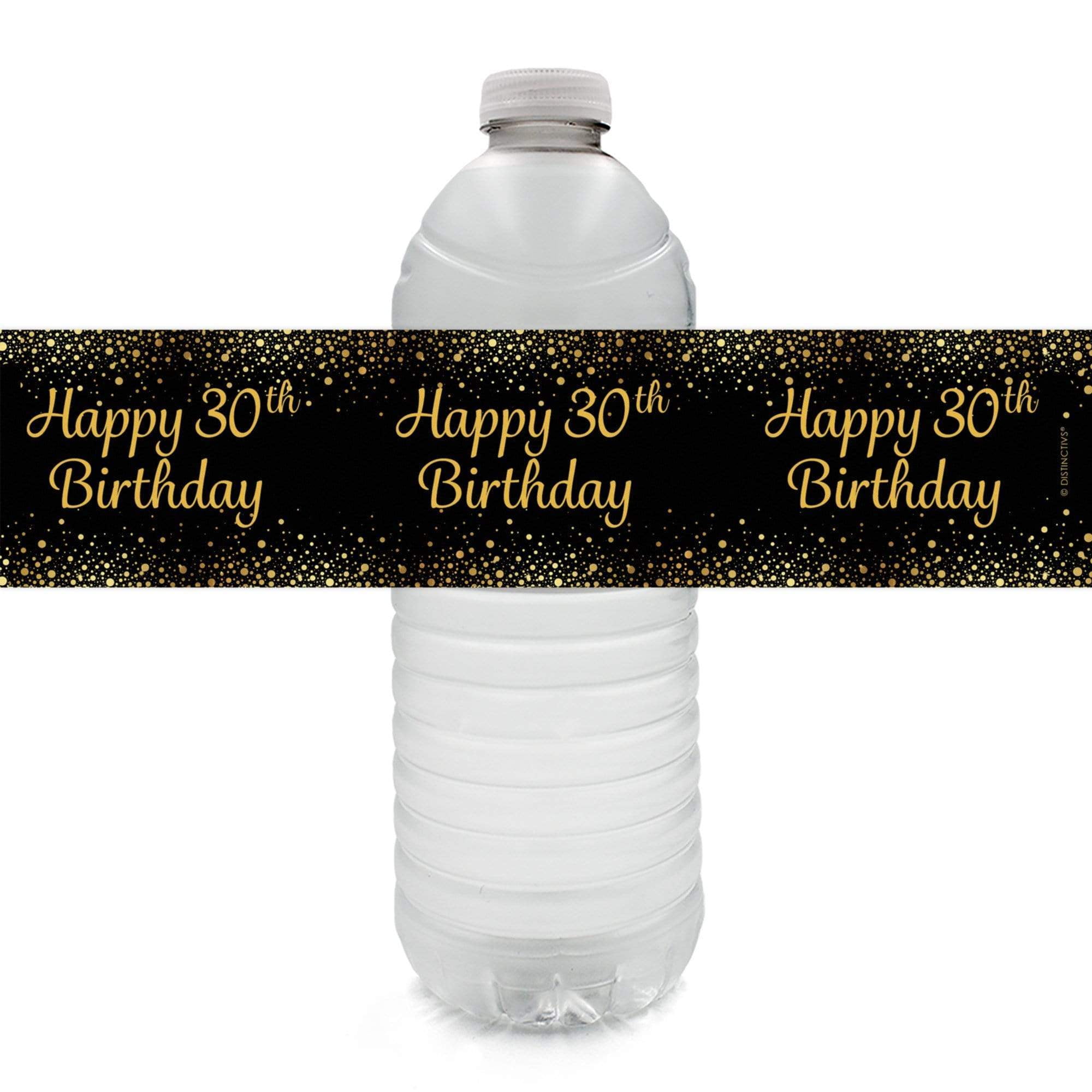 Black and Gold 30th Birthday Party Water Bottle Labels - 24 Count - Sparkle - Distinctivs