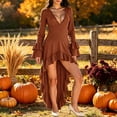 thumbnail image 3 of KICILVS Halloween Costumes for Women Adult Witch Dress Solid Color Long Bell Sleeve Ruffled High Low Hem Party Gown Orange, 3 of 9