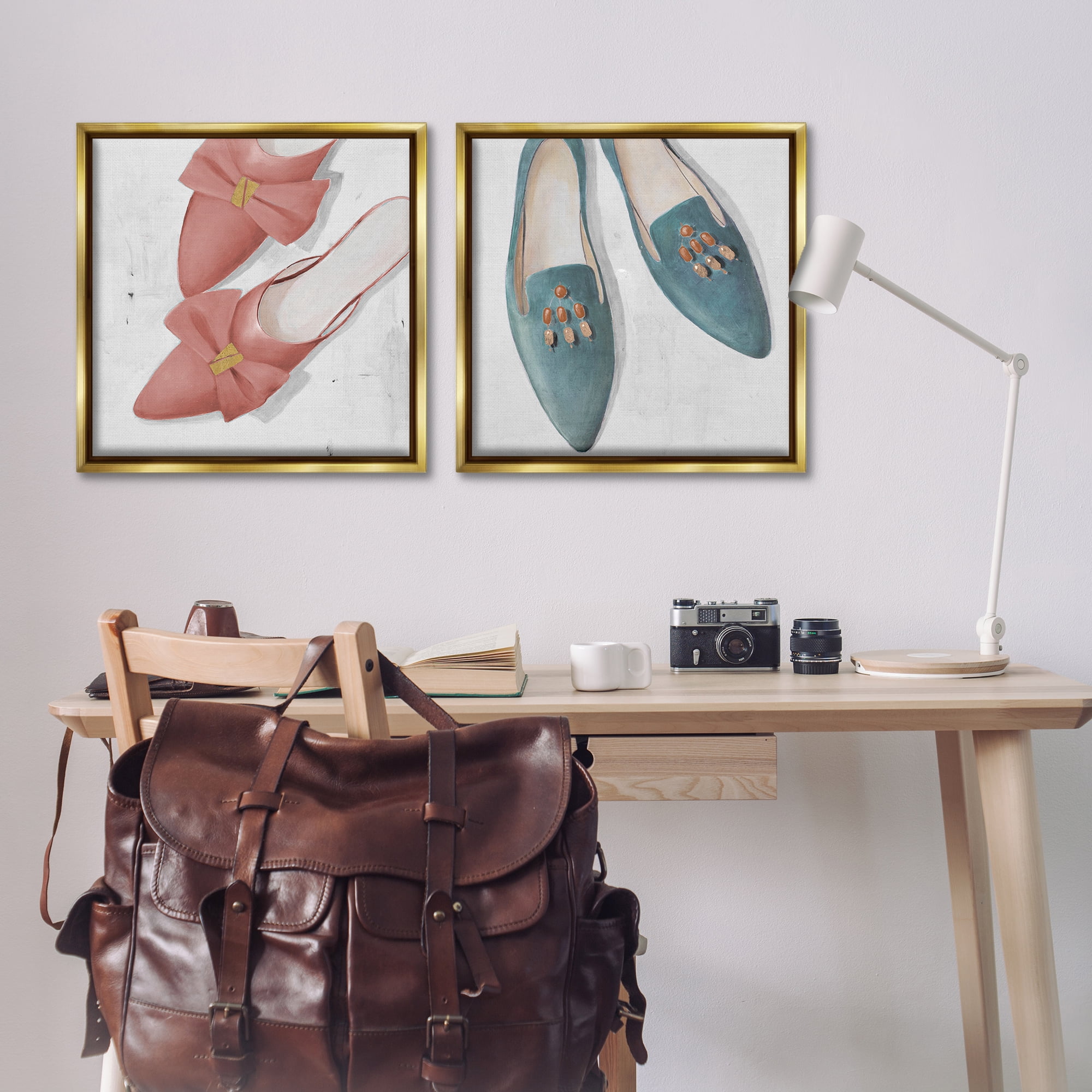 Stupell Industries Pink & Blue Fashion Flats Fashion Painting Gold Floater Framed Canvas Art Print Wall Art, 25 x 25, Set of 2