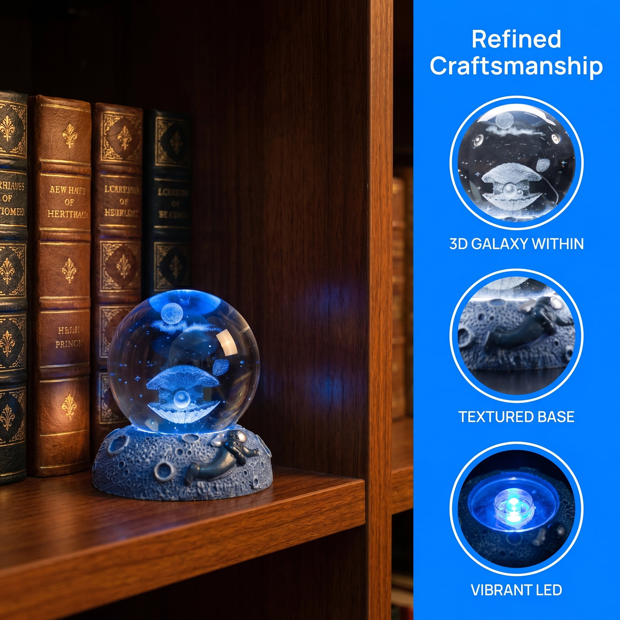 Unique Bargains Glowing Crystal Ball Figurine 3D Glass Ornament with LED Light Base Blue Style F 2.4"x2.4"x3.1"