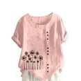 thumbnail image 2 of Cavosen Womens Short Sleeve Tops Dressy Plus Size Artificial Cotton Linen Dandelion Print Button Summer Tees Crewneck Comfy Loose Fit Shirts Lightweight Beach Blouse Pink 4XL, 2 of 4
