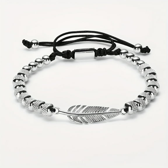 Men's Feather-Shaped Stainless Steel Bracelet - Black Rope & Golden Bead Design, Durable Everyday Jewelry for Daily Wear, Parties, Gifts,【silvery】