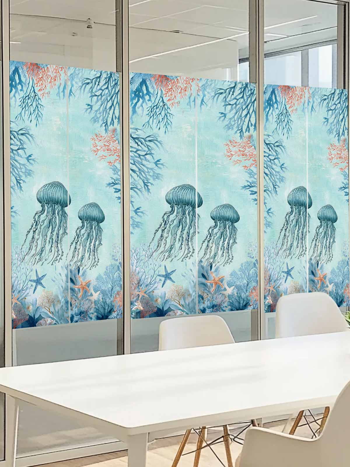 Summer Oceans Window Privacy Film, Teal Blue Jellyfish Corals Starfish Marine Life Frosted Glass Window Clings Static Cling UV Heat Blocking Reusable Door Sticker for Bathroom 23.6 x 59 Inch