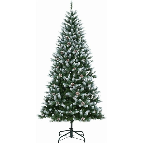 GAOMON 4.5FT Green Full Christmas Tree, Prelit, Snow Flocked, Pine Cones, Warm Accents, Metal Stand, Holiday Decor