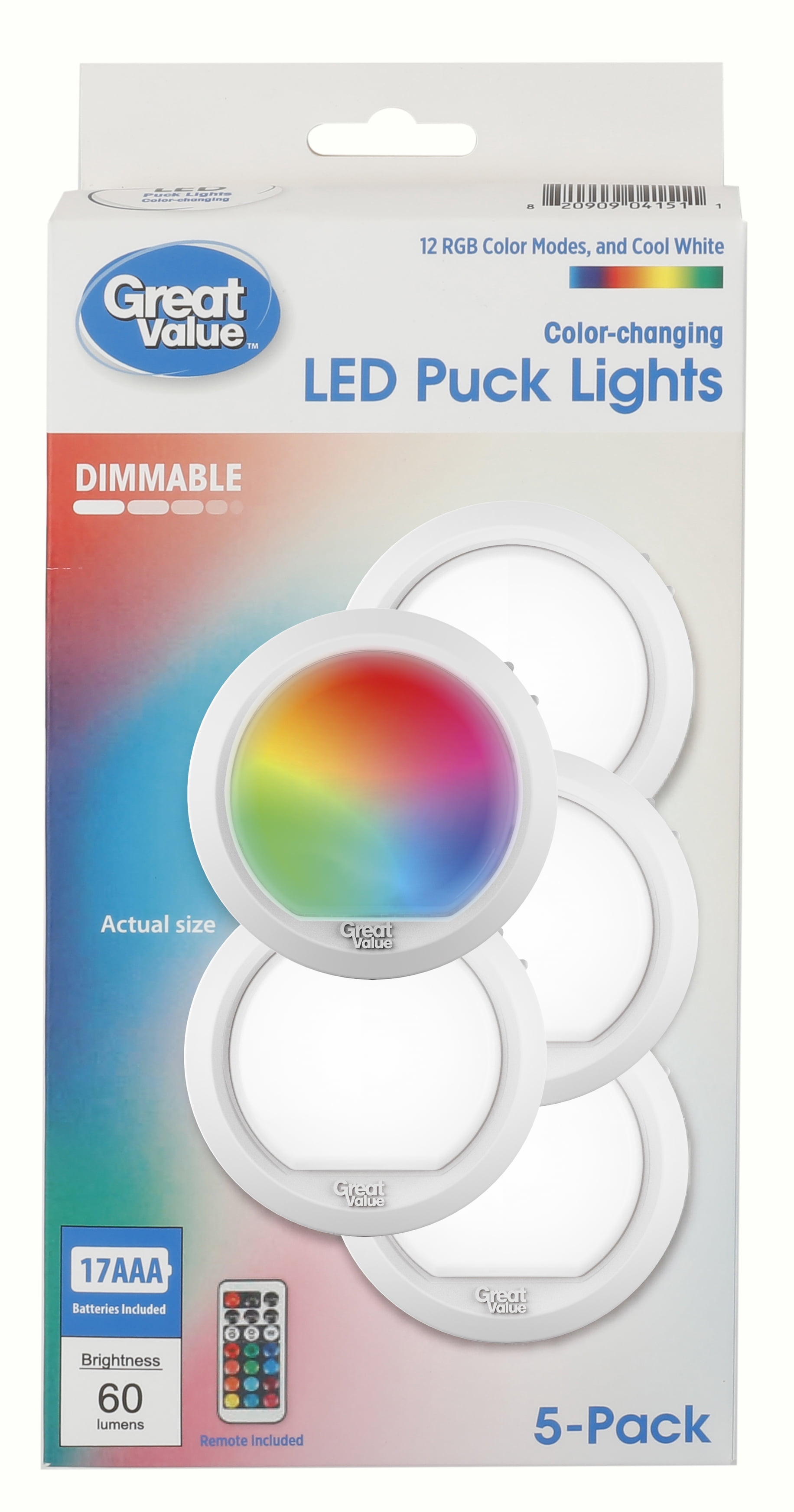 (5 pack) Great Value 5-Pack Color Changing LED Puck Lights with Remote and Batteries, 1.1 oz, 2.5 in, 4151