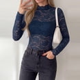 thumbnail image 4 of WULMLEO Womens Mock Neck Lace Tops Long Sleeve Floral Sheer Mesh Slim Fitted Blouse Navy M, 4 of 7